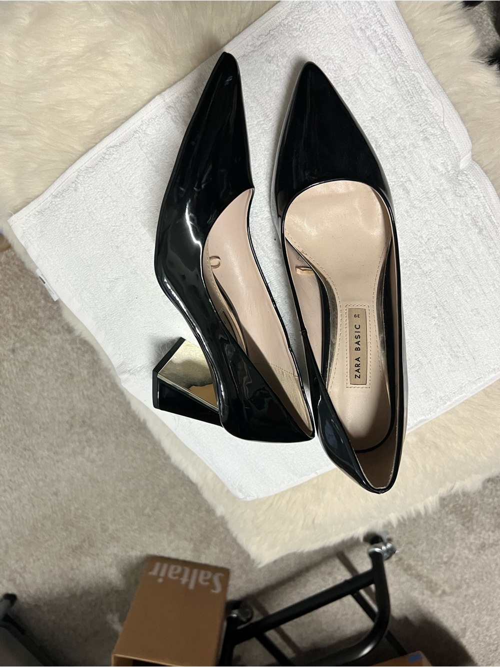 Zara Black Patent Pointed Pumps with Angular Heel